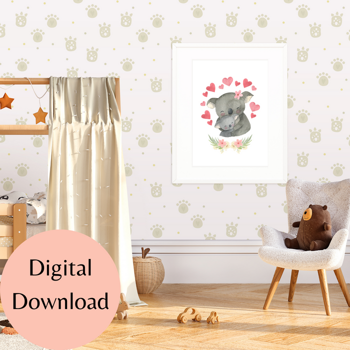 Digital Art Print for Download - Watercolor design of Mama & Baby Koalas with hearts surrounding them