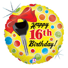16th birthday 18" foil balloon with car key 