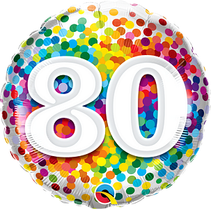 80th Birthday Rainbow Confetti Dotted 18" foil balloon for 80th birthday celebration