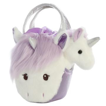 Aurora Fancy Pals Heather Unicorn carrier bag and little stuffed animal in purple and white