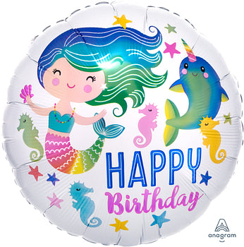 Happy Birthday Foil Balloon with Mermaid & Narwhal