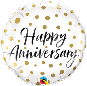 Happy Anniversary White Foil Balloon with Gold Polka Dots