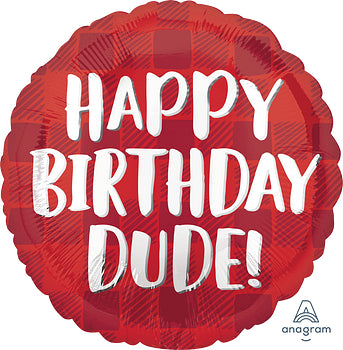 Happy Birthday Dude Foil Balloon Red Plaid for brother, co-worker, best friend, boyfriend, husband birthday