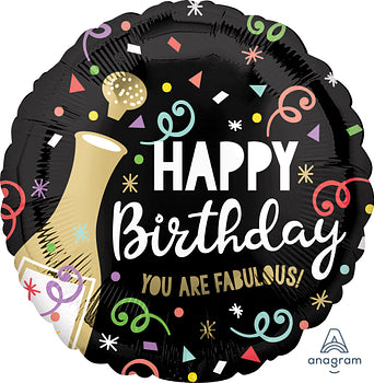 Happy Birthday Black & Gold Birthday Balloon with Champagne popping