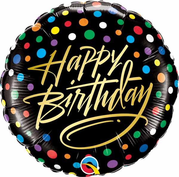 Happy Birthday black foil balloon with gold script and fun polka dots