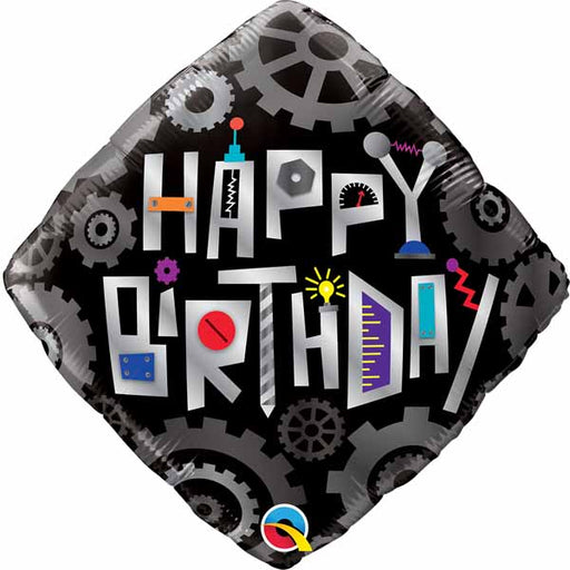 Happy Birthday Robot themed foil balloon with cogs & gears