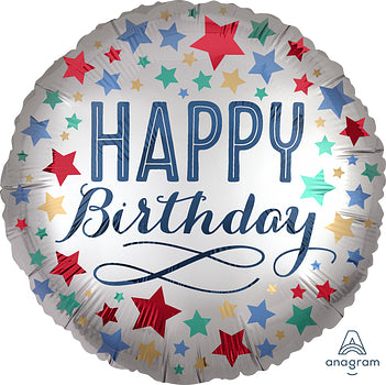 Happy Birthday Satin Luxe Foil balloon with colourful stars