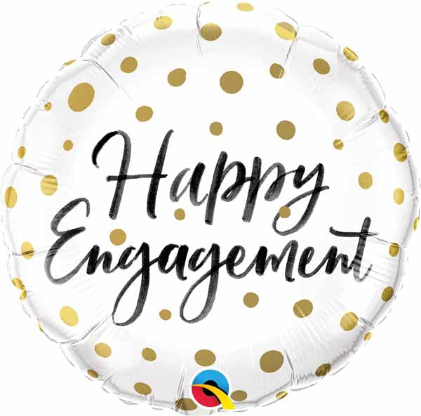 Happy Engagement white foil balloon with gold polka dots