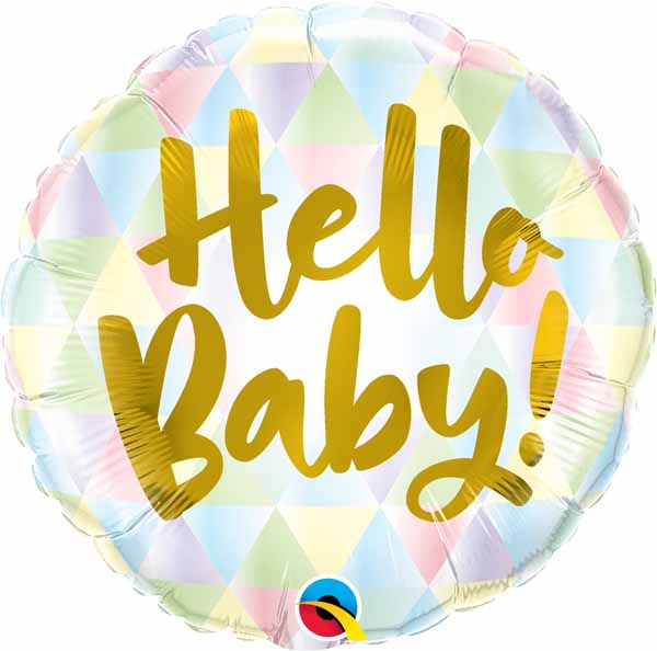 Pretty pastels and gold Hello Baby! on this 18" foil balloon