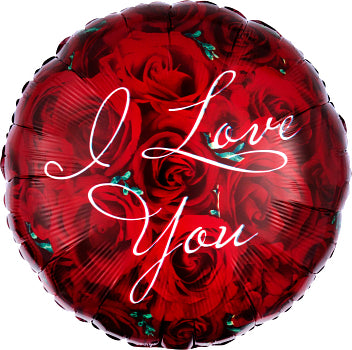 I love you in white script on background of roses foil balloon