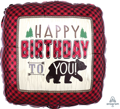 Little Lumberjack Birthday foil balloon with red plaid accents