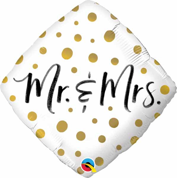Mr & Mrs on white balloon with gold dot background