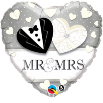 Heart Shaped Foil Balloon in Silver White & Black with Mr & Mrs