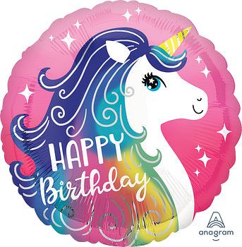 Pink ombre rainbow unicorn Happy Birthday balloon