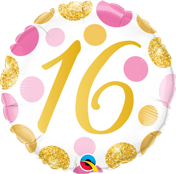 Qualatex - Happy 16th Birthday Pink & Gold Dots Foil Balloon 18"