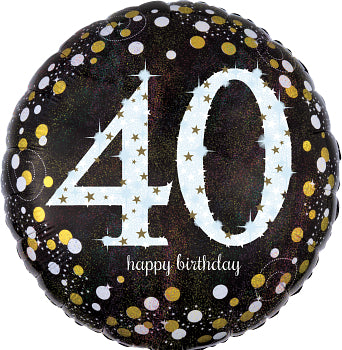 Sparkling Holographic 40th birthday foil balloon in gold and black