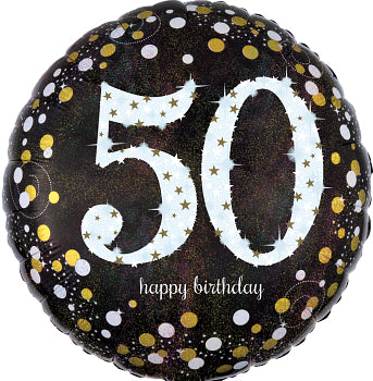 Sparkling Happy Birthday Holographic 50th birthday 18" foil balloon in black and gold