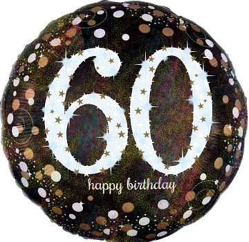 Sparkling Holographic 60th birthday balloon in black and gold