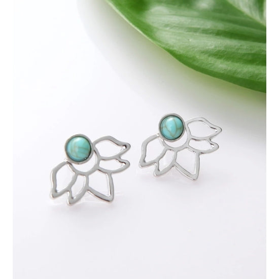 Turquoise & Silver Lotus Ear Jackets